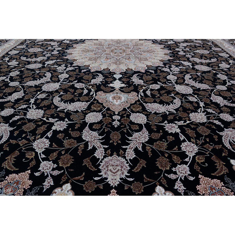 فرش ماشینی 1500 شانه کلکسیون فرشینه طرح نقش جهان زمینه سورمه ای گل برجسته