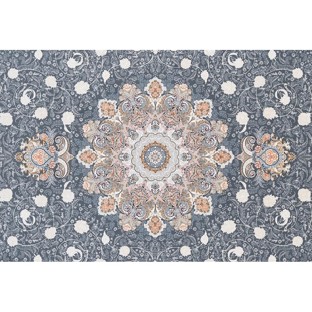 فرش ماشینی 1500 شانه کلکسیون فرشینه طرح نوین زمینه آبی گل برجسته